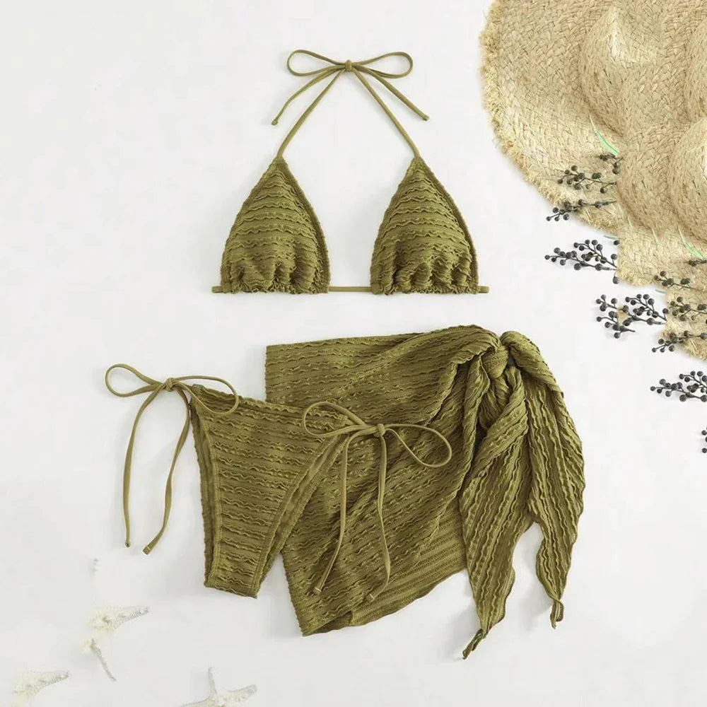 Army Green Solid Swimwears 3 Piece Halter Triangle Bikini Set