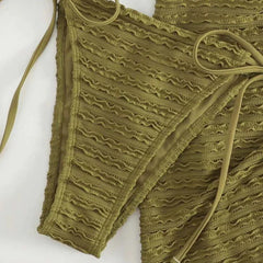 Army Green Solid Swimwears 3 Piece Halter Triangle Bikini Set