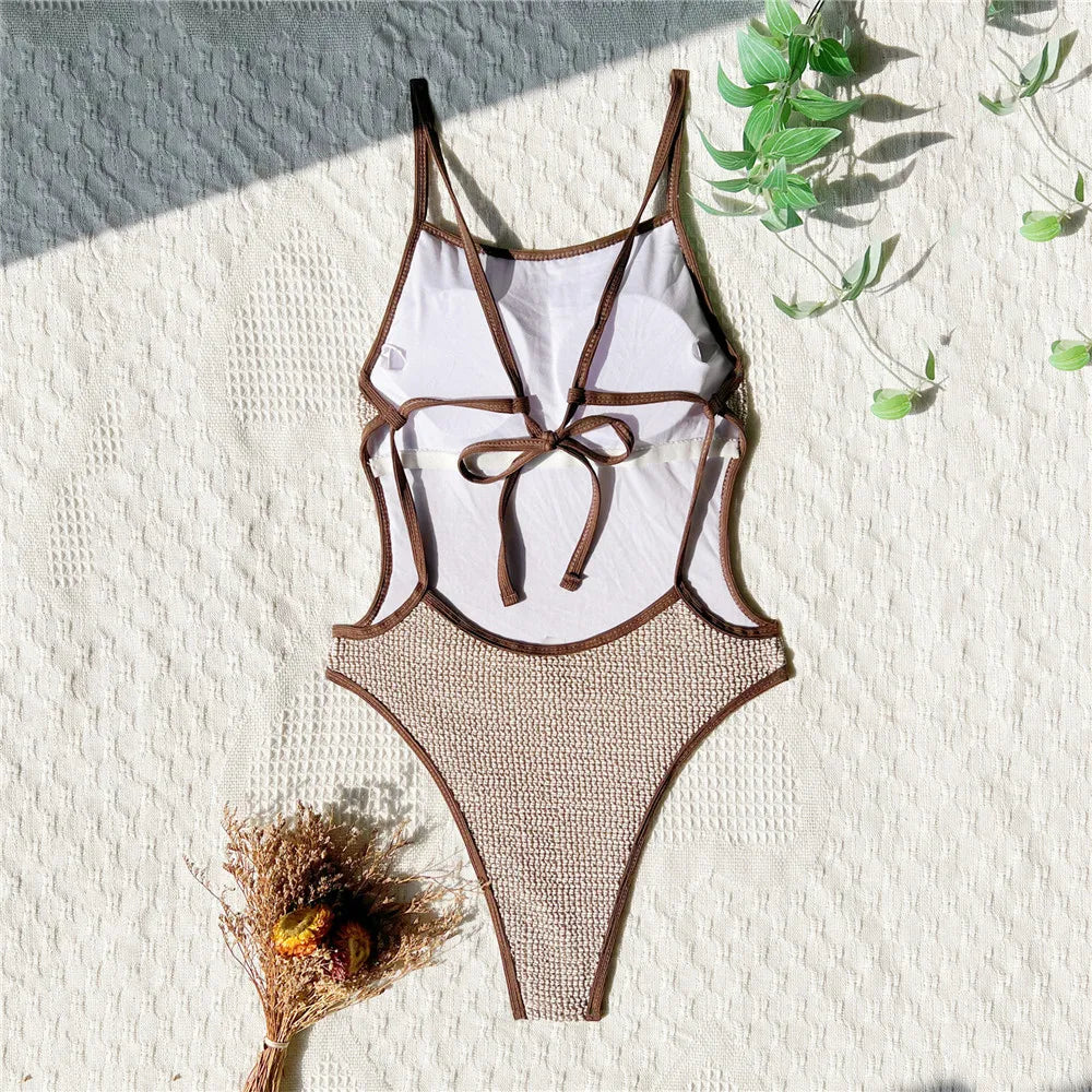 Backless String Lace-up One Piece Swimsuit Swimwear Hollow Out Monokini High Leg Cut Swimming Bathing Suit Wear