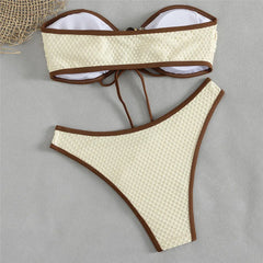 Beige Bandeau String Bead Bikini Swimsuit Woman Hollow Out Swimwear Bathing Suit Biquinis Brazilian Bikinis Sets