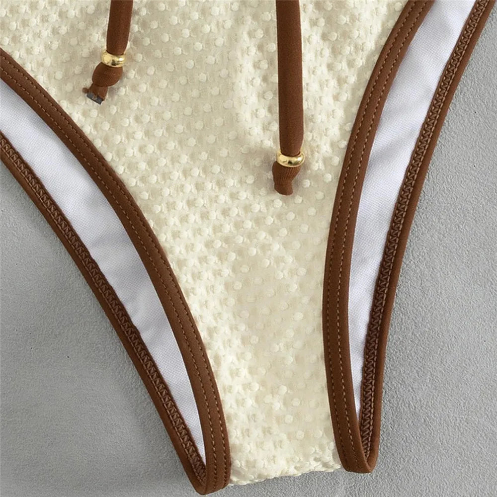 Beige Bandeau String Bead Bikini Swimsuit Woman Hollow Out Swimwear Bathing Suit Biquinis Brazilian Bikinis Sets