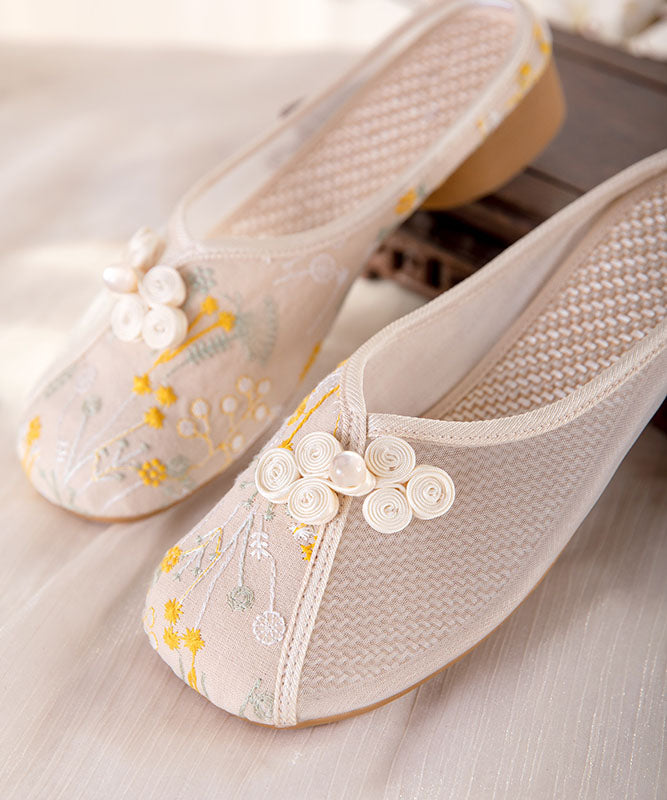 Beige Embroidered Slide Sandals Tulle Boho Splicing