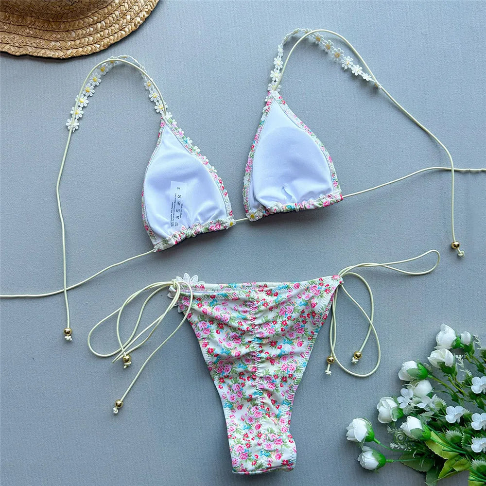 Beige Floral Print Micro Thong Bikinis Sets