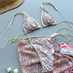 Beige Floral Print Micro Thong Bikinis Sets
