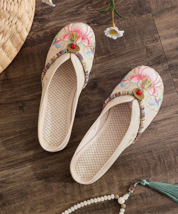 Beige Linen Tassel Embroidery Splicing Flat Slide Sandals