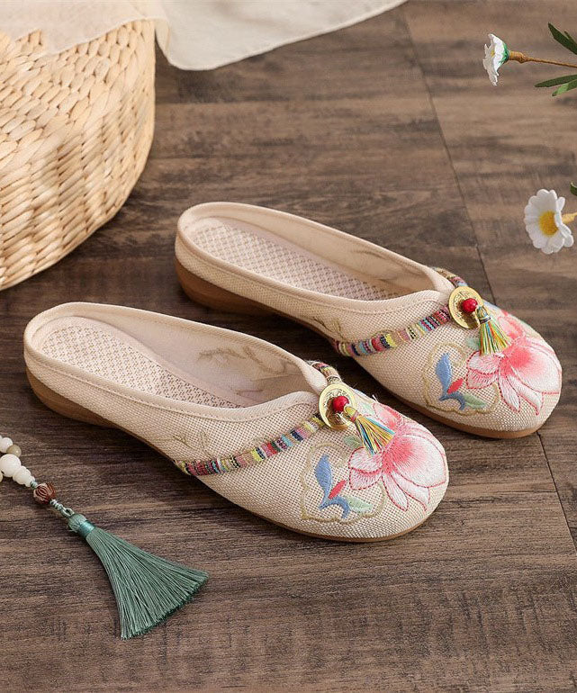 Beige Linen Tassel Embroidery Splicing Flat Slide Sandals