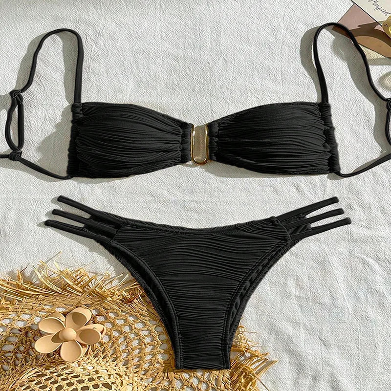 Beige Solid Color Bikini Set