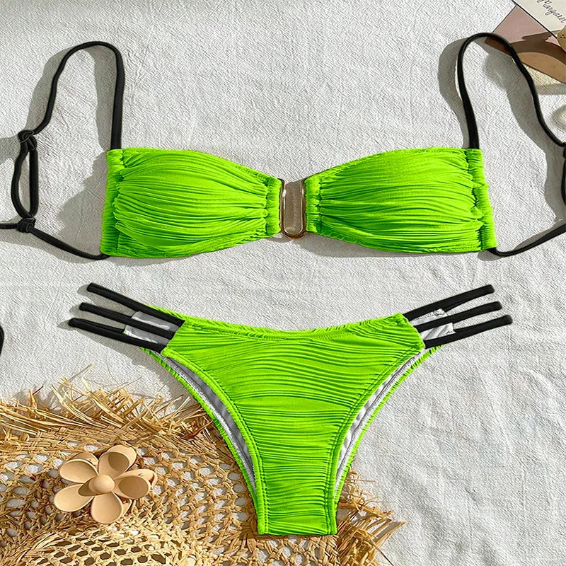Beige Solid Color Bikini Set
