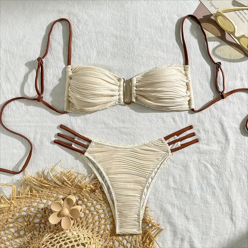 Beige Solid Color Bikini Set