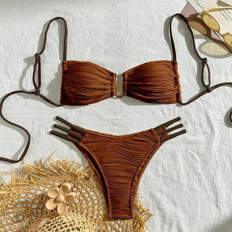Beige Solid Color Bikini Set
