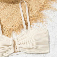 Beige Texture Solid Swimwears 3 Piece Bikini Set