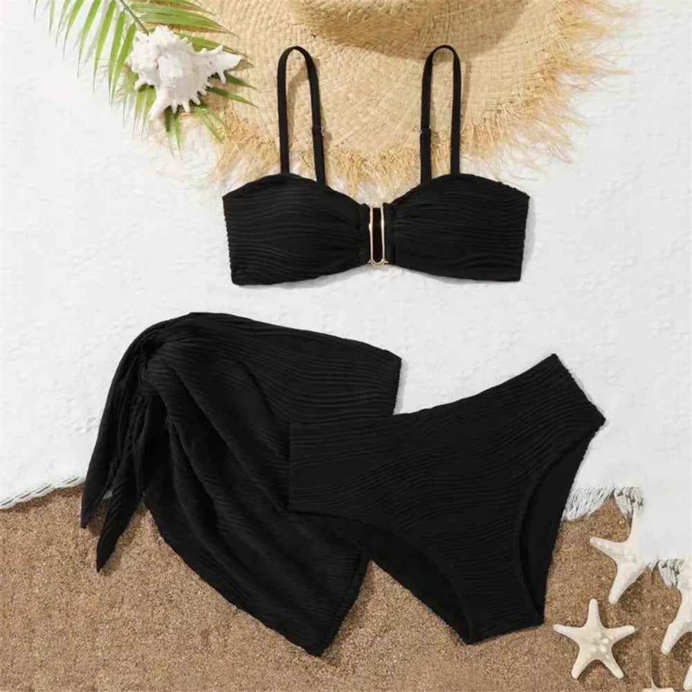 Beige Texture Solid Swimwears 3 Piece Bikini Set