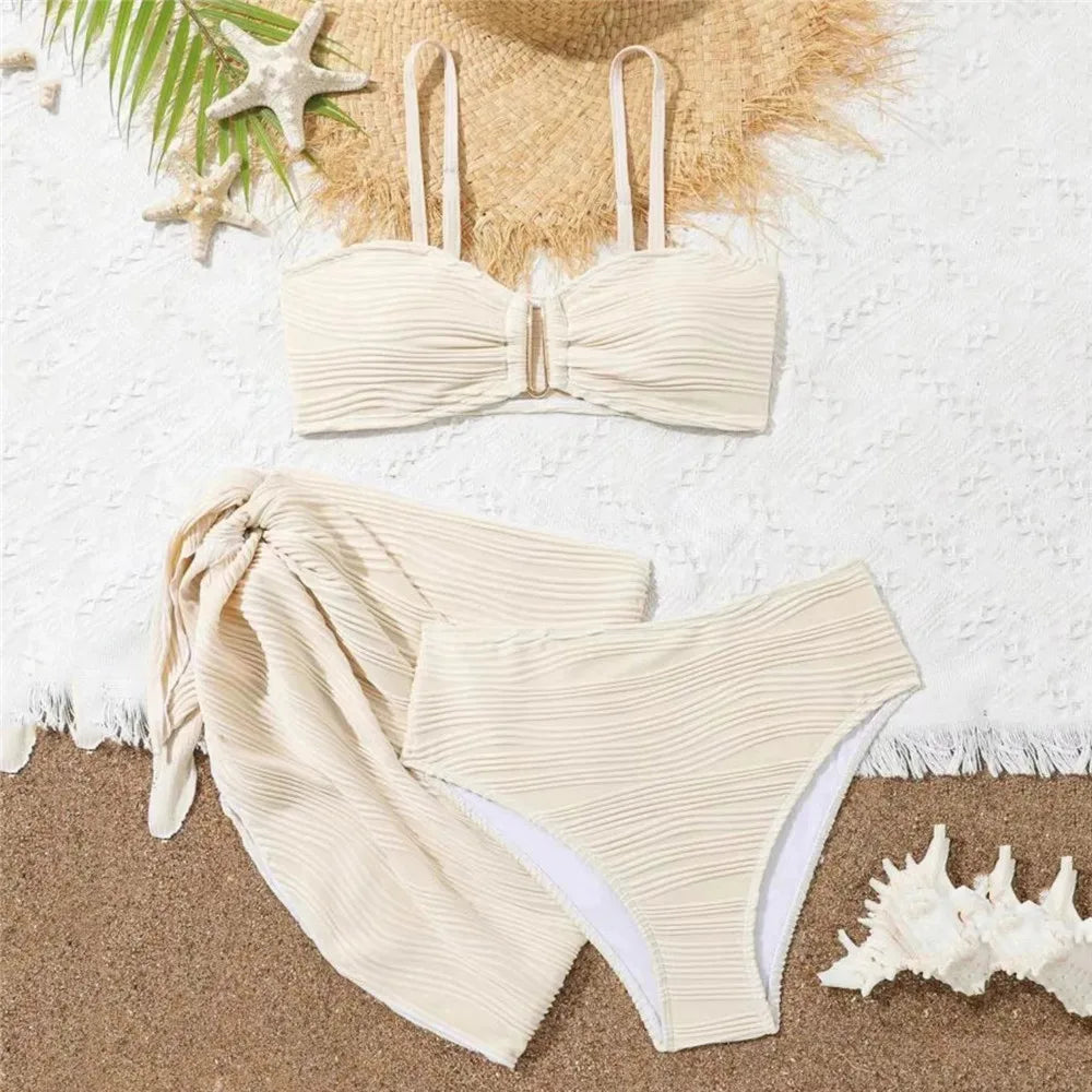 Beige Texture Solid Swimwears 3 Piece Bikini Set