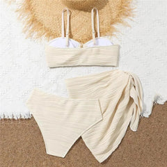 Beige Texture Solid Swimwears 3 Piece Bikini Set