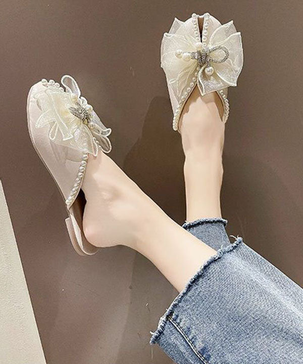 Beige Zircon Bow Nail Bead Splicing Slide Sandals