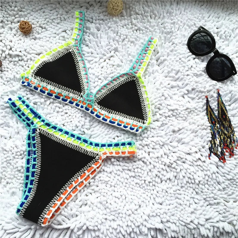 Bikini Crochet Handmade Knit Patchwork Reversible 2 Piece Swimsuit Halter Top Brazilian Bathing Suit Thong Swimwear