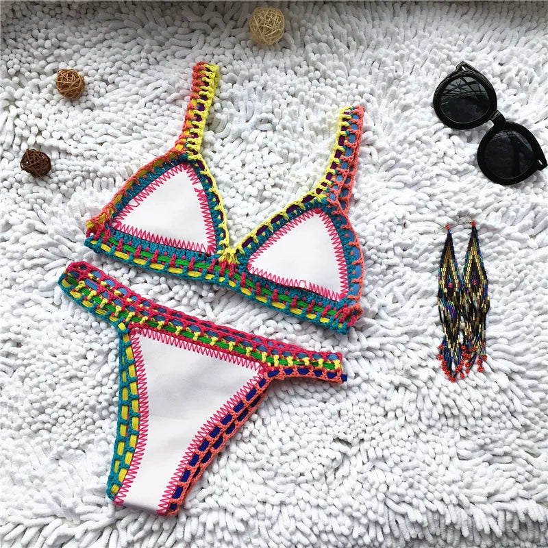 Bikini Crochet Handmade Knit Patchwork Reversible 2 Piece Swimsuit Halter Top Brazilian Bathing Suit Thong Swimwear