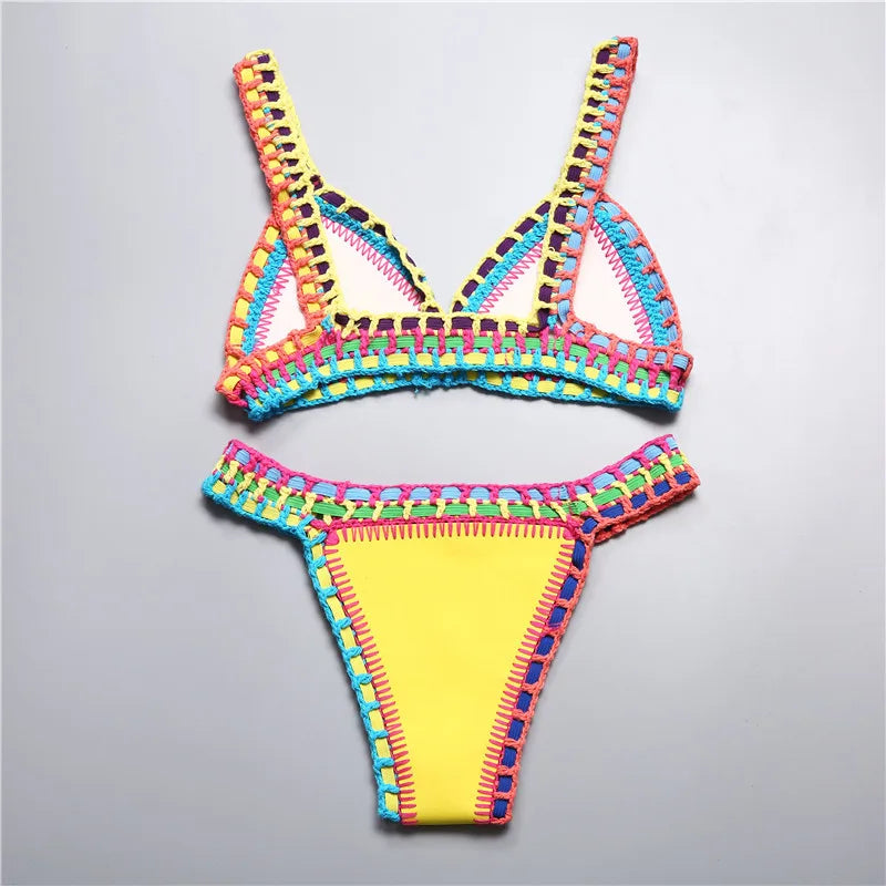 Bikini Crochet Handmade Knit Patchwork Reversible 2 Piece Swimsuit Halter Top Brazilian Bathing Suit Thong Swimwear