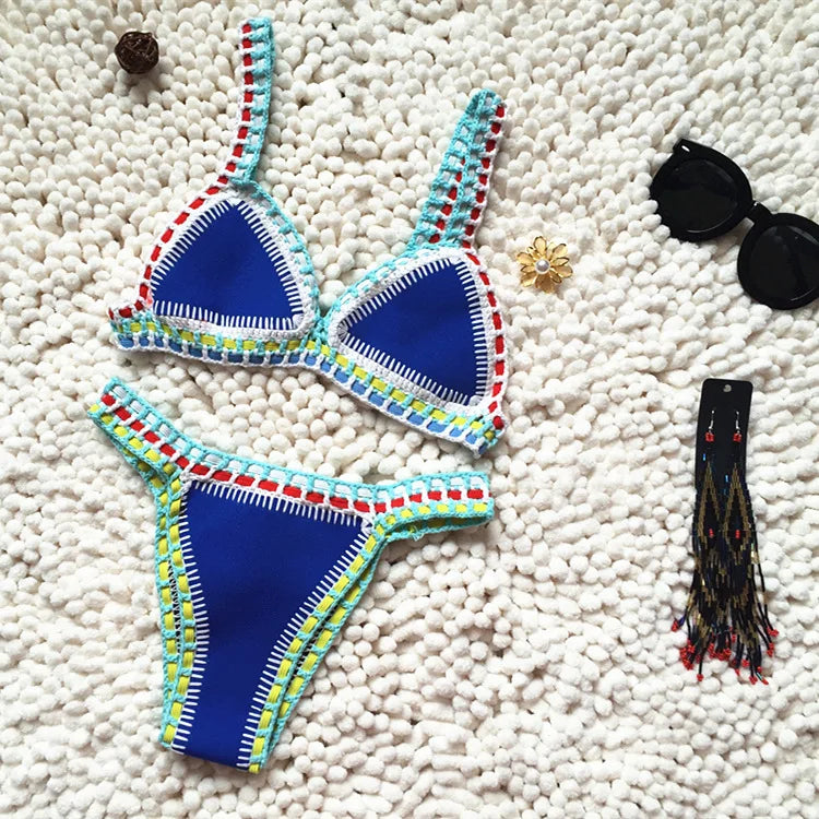 Bikini Crochet Handmade Knit Patchwork Reversible 2 Piece Swimsuit Halter Top Brazilian Bathing Suit Thong Swimwear