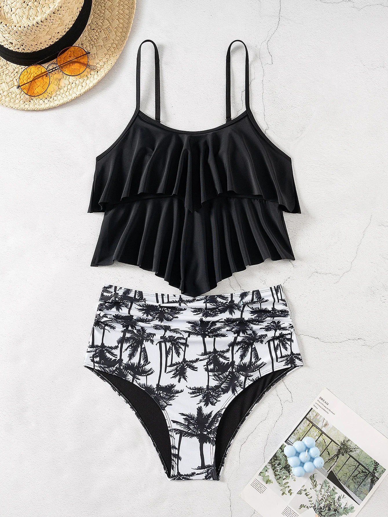 Black Big Ruffle Two Piece Suspender Swimsuit