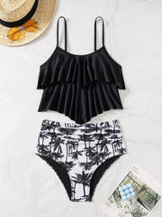 Black Big Ruffle Two Piece Suspender Swimsuit