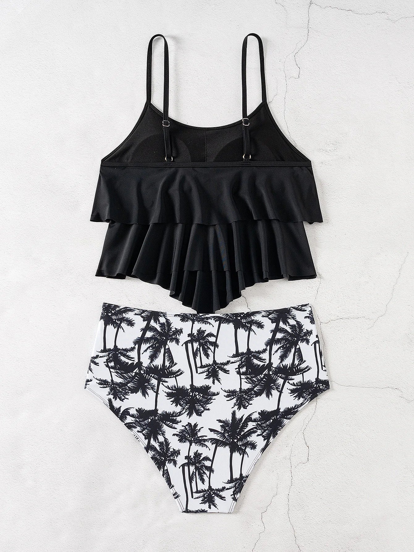 Black Big Ruffle Two Piece Suspender Swimsuit