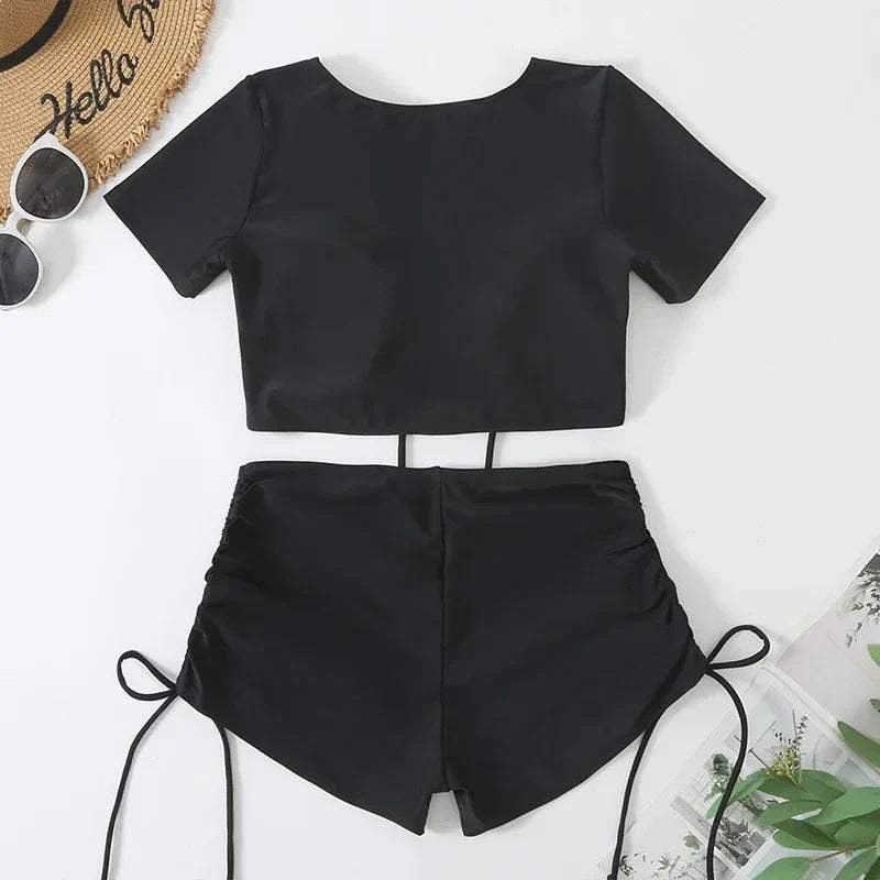 Black Drawstring Swimwear Bikinis Sets