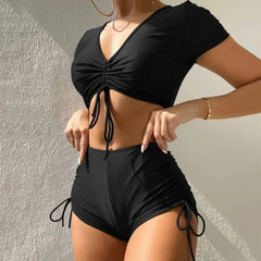 Black Drawstring Swimwear Bikinis Sets