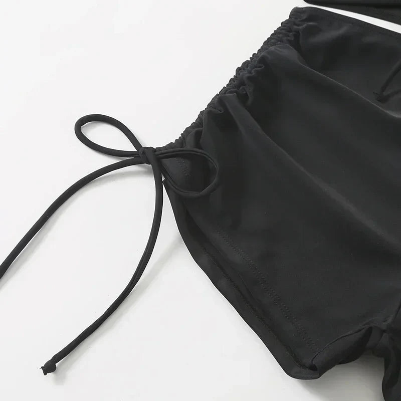 Black Drawstring Swimwear Bikinis Sets