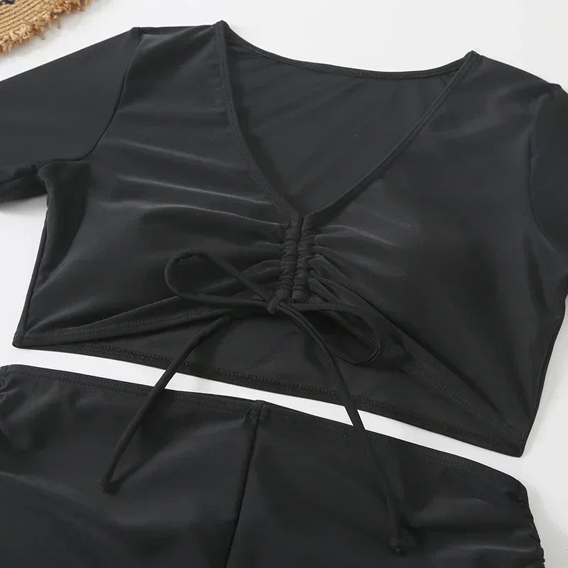Black Drawstring Swimwear Bikinis Sets