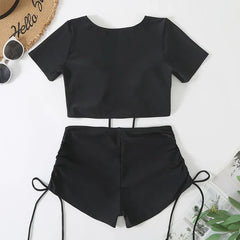 Black Drawstring Swimwear Bikinis Sets