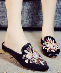 Black Embroidered Cotton Fabric Pointed Toe Slide Sandals