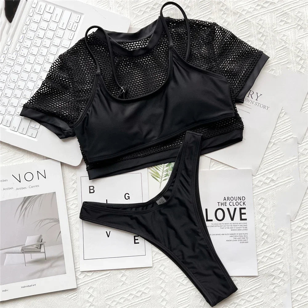 Black Micro Thong 3 Piece Bikinis Set