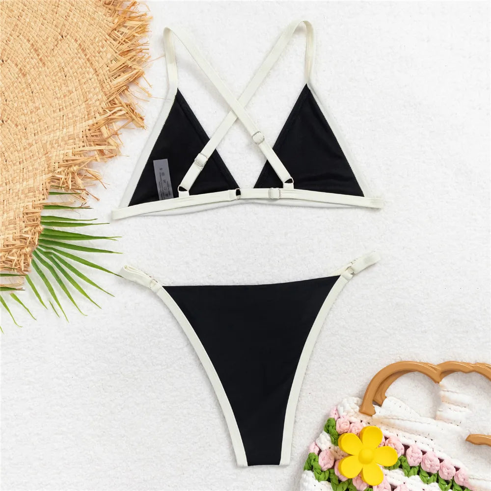 Black Micro Thong Triangle Bikinis Sets