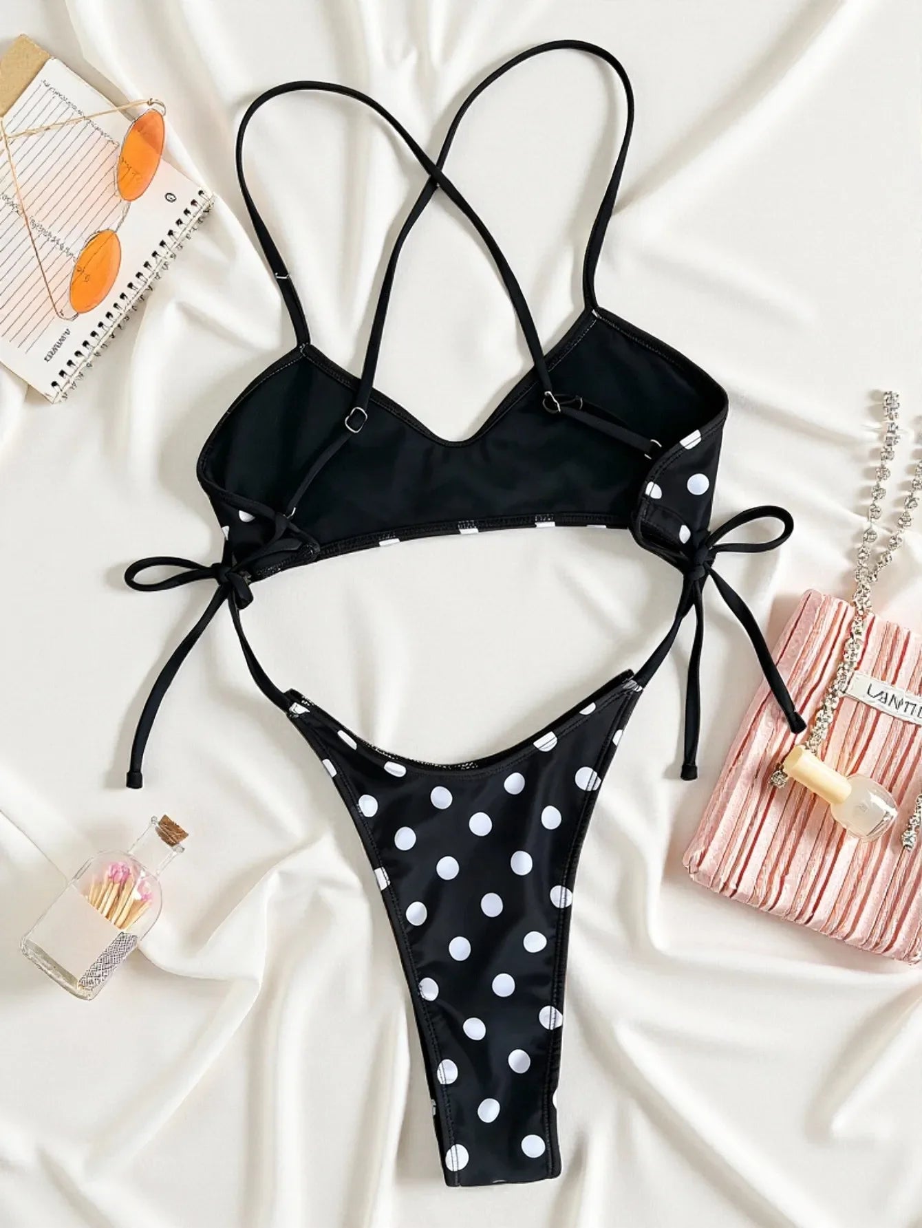Black Polka Dot Print One Piece Swimsuit