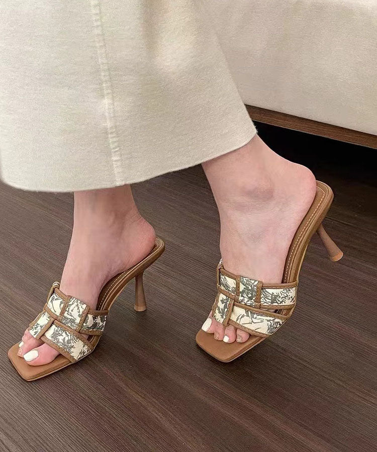 Black Print Splicing High Heel Slide Sandals Peep Toe