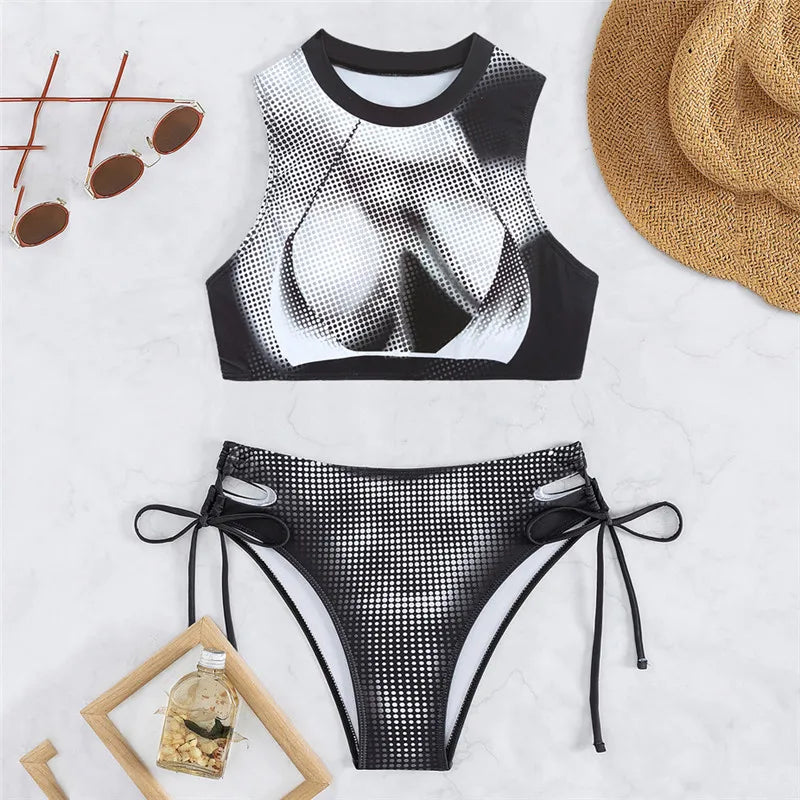 Black Print Swimsuit Push Up Bikini Swimwear String Lace-up Thong Bathing Suit Brazilian Tops Bikinis De Mujer