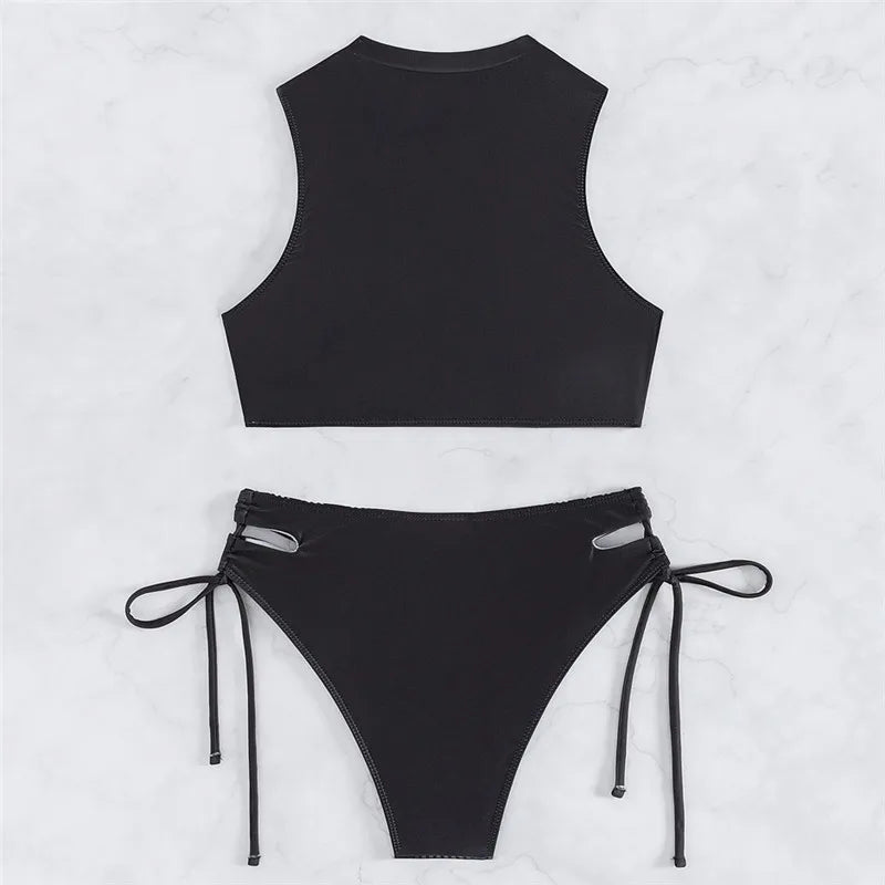 Black Print Swimsuit Push Up Bikini Swimwear String Lace-up Thong Bathing Suit Brazilian Tops Bikinis De Mujer