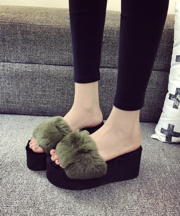 Black Rabbit Hair Slide Sandals Wedge Flip Flops