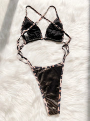 Black Shiny Patchwork 2 Piece Swimsuit