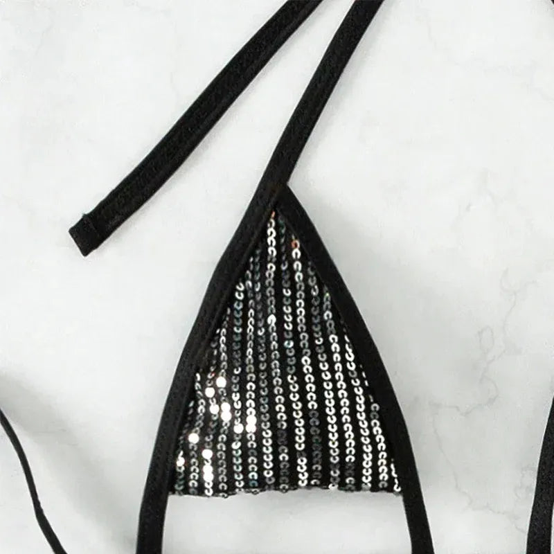 Black Shiny Triangle Swimwear Halter String Bikini Set