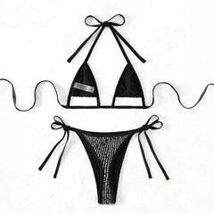 Black Shiny Triangle Swimwear Halter String Bikini Set
