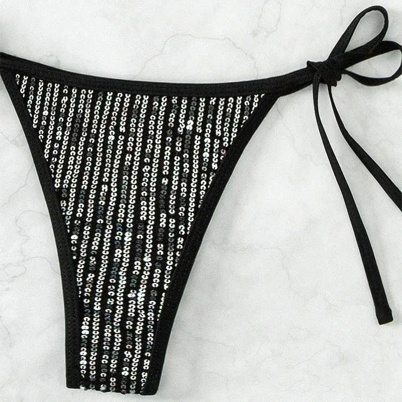 Black Shiny Triangle Swimwear Halter String Bikini Set