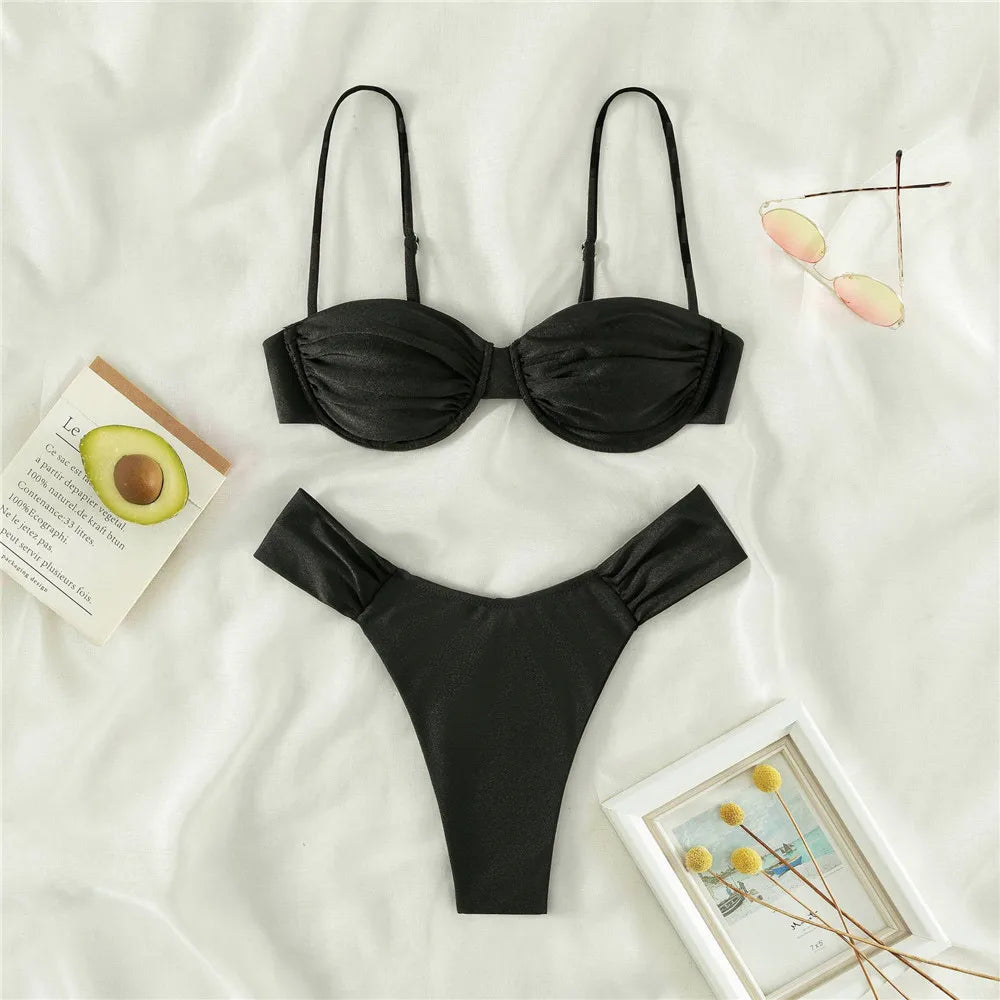 Black Thong Micro Bikini Push Up Swimsuit Underwired Solid Ladies Swimwear Bikinis Sets