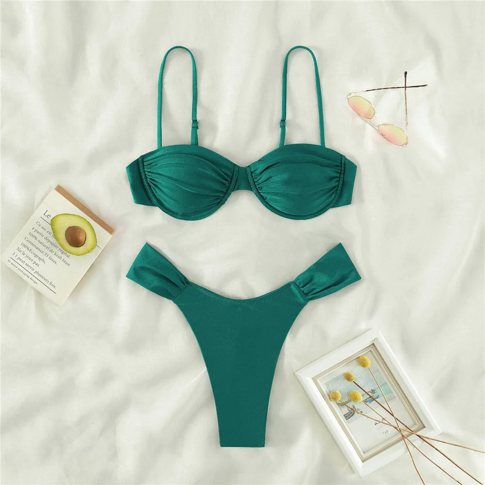 Black Thong Micro Bikini Push Up Swimsuit Underwired Solid Ladies Swimwear Bikinis Sets