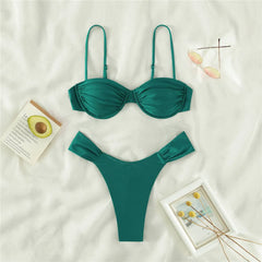 Black Thong Micro Bikini Push Up Swimsuit Underwired Solid Ladies Swimwear Bikinis Sets