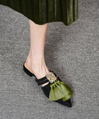 Black Velour Tassel Splicing Slide Sandals Pointed Toe