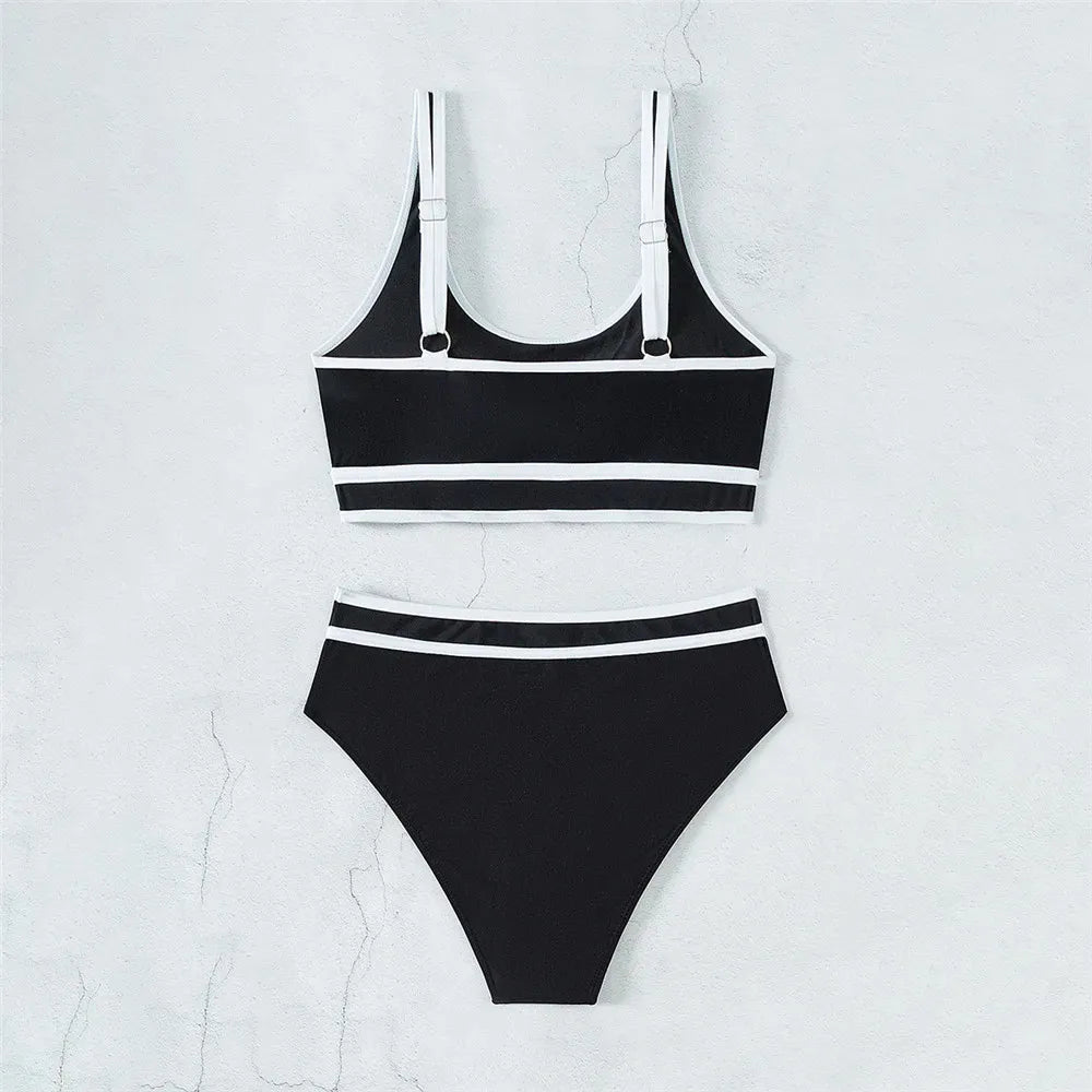 Black White Contrast High Waisted Bikini Push Up Swimsuit Swimwear Bathing Suit Bandeau Bikinis Sets