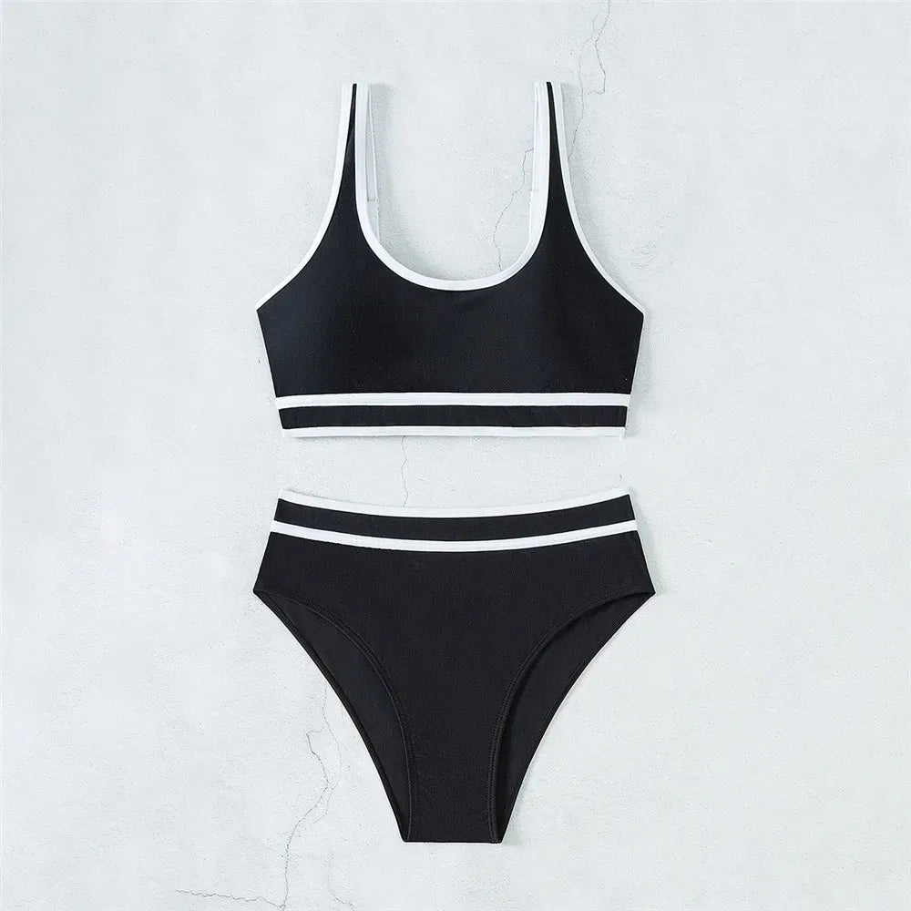Black White Contrast High Waisted Bikini Push Up Swimsuit Swimwear Bathing Suit Bandeau Bikinis Sets