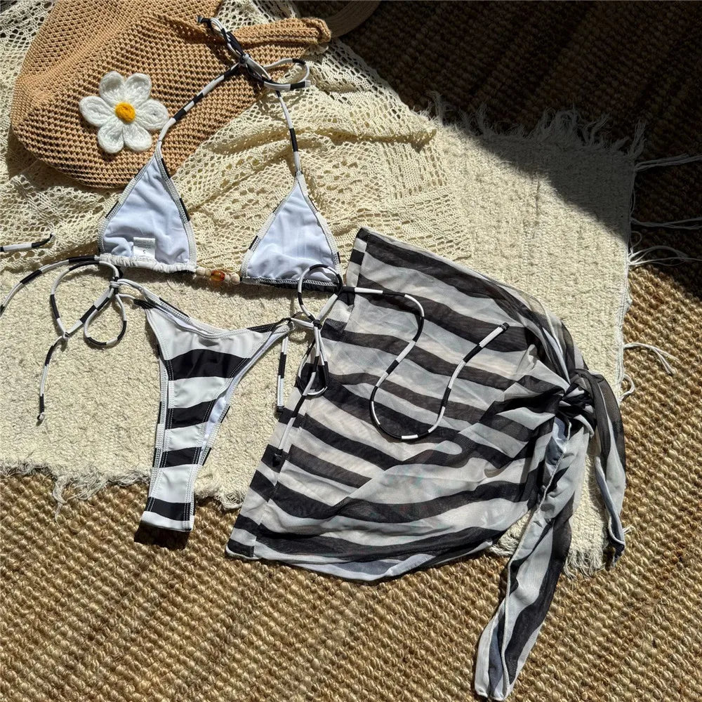 Black White Patchwork Swimwear Halter String Triangle 3 Piece Bikini Set